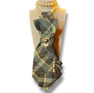 Green Plaid One Of A Kind Pleated Cravat with Stag and Beaded Pins